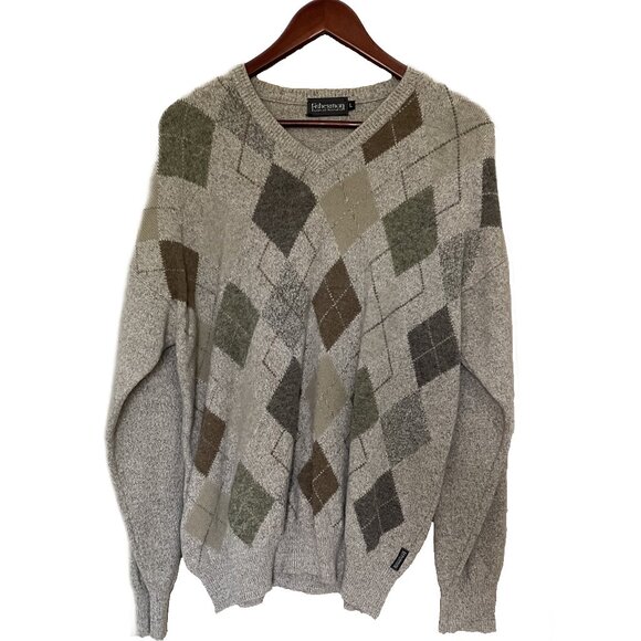 Fisherman Out of Ireland | 100% Pure Lambs Wool Argyle V-neck Sweater | Size: L - Picture 1 of 12